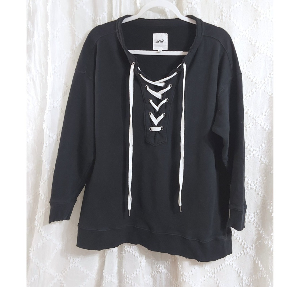 Aerie Womens Black Lace Up V-Neck Sweatshirt Size Small Raw Edge Pullover